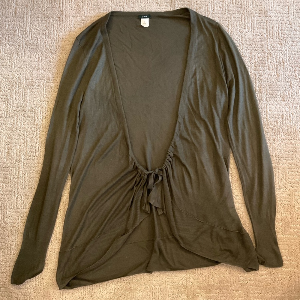 💫🌿 J.Crew 2010s Olive Green Rayon Silk Tie-Front Cardigan Sweater L Minimalist